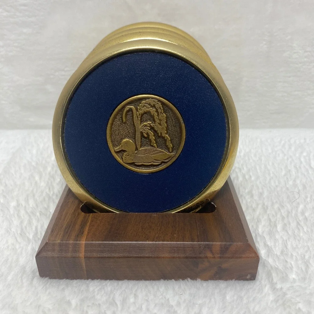 Vintage Duck Coasters Brass Wood Coaster Set of 4 Wooden Holder Man Cave‎ Bar